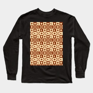 Celestial Retro Checkered Pattern in Brown and Peach Long Sleeve T-Shirt